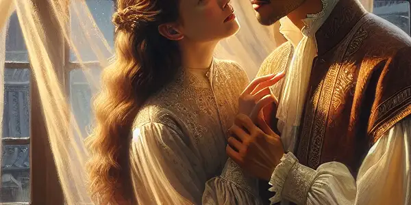 A couple in a softly lit room shares a tender embrace, surrounded by romantic elements and warm colors.