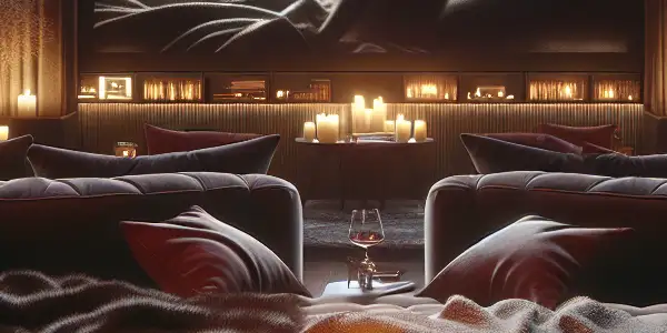 A cozy living room setting for a private movie night, featuring ambient lighting, plush furniture, and intimate decor.