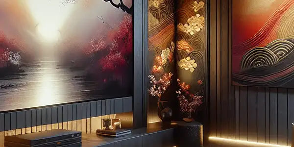 A cozy, dimly-lit relaxation space with plush seating, ambient lighting, and a stylish bar cart, evoking indulgence and romance.