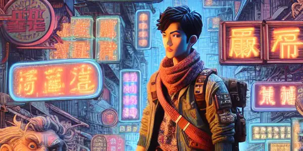 A whimsical urban street scene featuring a young man in quirky clothing amidst vibrant neon lights and playful caricatures.