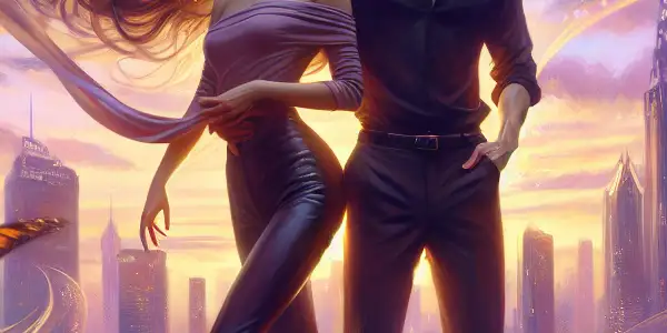 A romantic scene on a rooftop at twilight featuring a confident woman and charming man surrounded by ethereal butterflies.