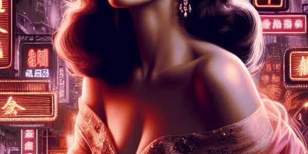 A glamorous Hong Kong actress in a flowing gown poses against a vibrant neon cityscape, embodying 1980s cinema.