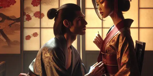 Two characters in a traditional Japanese room share a passionate and intriguing moment, surrounded by cultural elements.