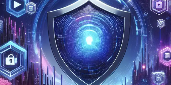 A futuristic digital landscape promoting safe exploration of adult content, featuring vibrant colors and security motifs.