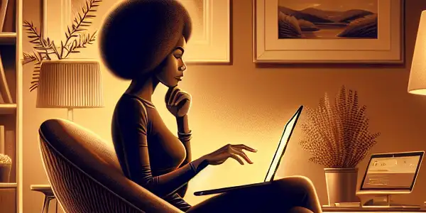 A cozy home setting with a person browsing safely on a laptop, symbolizing empowerment and online privacy.