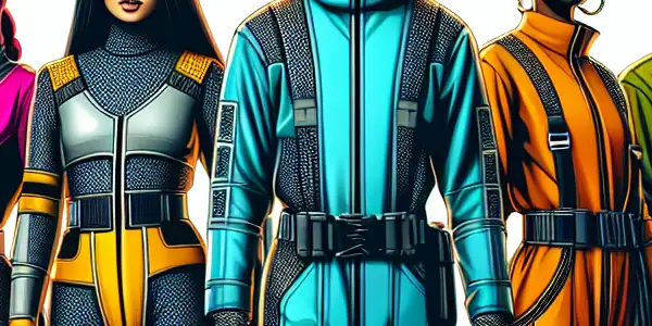 A diverse group of actors in stylish, safe AV clothing prepares for a film shoot in a vibrant studio.