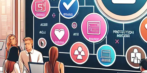 A diverse group discussing Safe AV Labels in a modern office, highlighting consent and protection in adult entertainment.