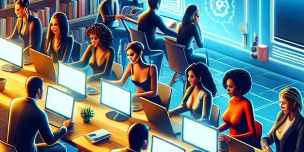 A collaborative digital workspace showcasing diverse individuals sharing adult content responsibly, emphasizing safety and security.