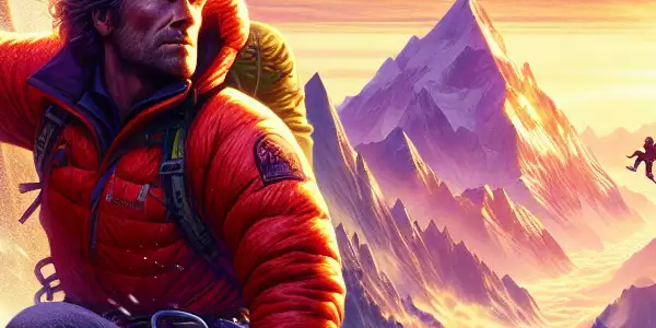 A heroic climber ascends a steep icy cliff in a breathtaking mountain landscape at sunrise.