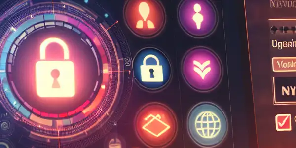 A modern digital shopping scene for adult films, emphasizing safety and security with vibrant film covers and privacy symbols.