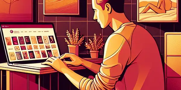 A cozy room where a person discreetly browses a laptop for tasteful adult products and films.