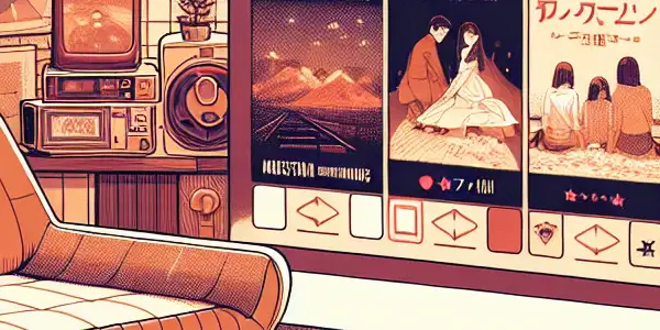 A cozy home cinema setting featuring a computer screen displaying colorful thumbnails of adult and Japanese AV films.