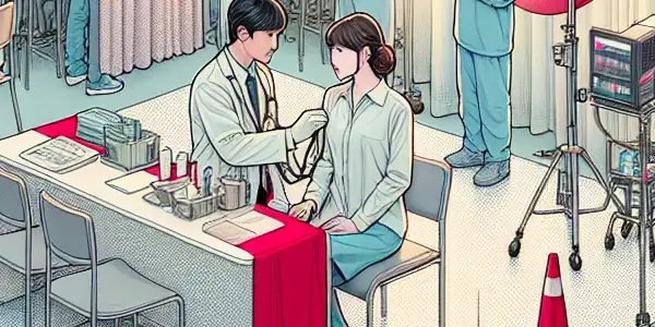 A clean film set showcasing hygiene practices in the Japanese adult film industry with actors in protective gear.