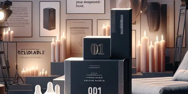 A stylish display of high-quality condoms for adult film use in a contemporary film set environment.