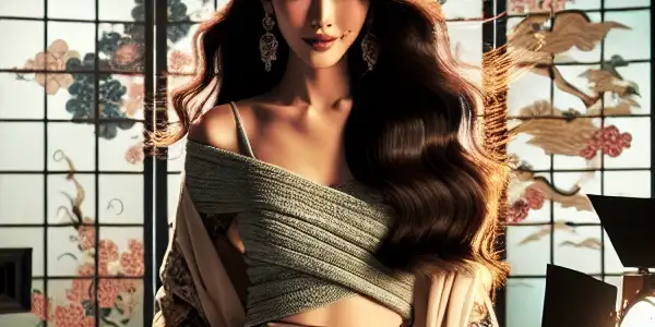 A vibrant Japanese film studio set with a confident actress, traditional aesthetics, and modern film equipment.