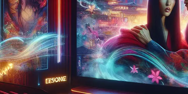 A vibrant cinema scene featuring a movie screen displaying a passionate embrace from a fictional adult film.