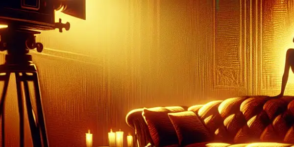 A couple's silhouette in a dimly-lit room, surrounded by vintage film elements, conveying intimacy and allure.