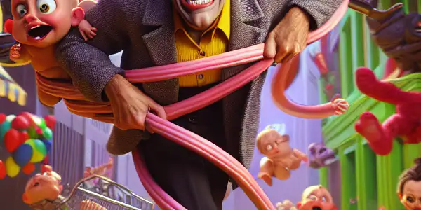 Jackie Chan comically entangled with surprised babies in a vibrant urban setting filled with oversized props.