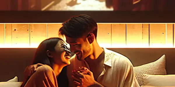 A cozy bedroom scene featuring a stylish couple sharing a tender moment, illuminated by soft lighting and a romantic movie.