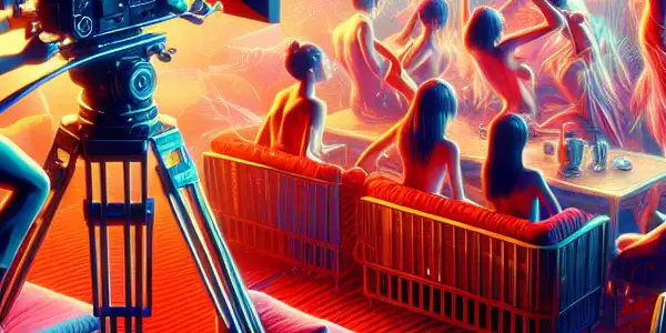 A film set depicting a director capturing a dramatic scene, with actors engaged in expressive interaction amidst vintage equipment.