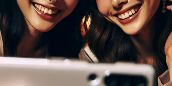 Two young Asian women laughing and playfully engaging with a smartphone in a cozy, decorated room.