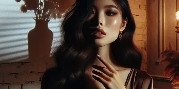 A young Asian woman in a dimly lit room engages with a vintage film projector, surrounded by intimate decor.