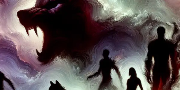 A dramatic scene blending human figures and wild animal silhouettes, evoking primal desire and intense emotion.