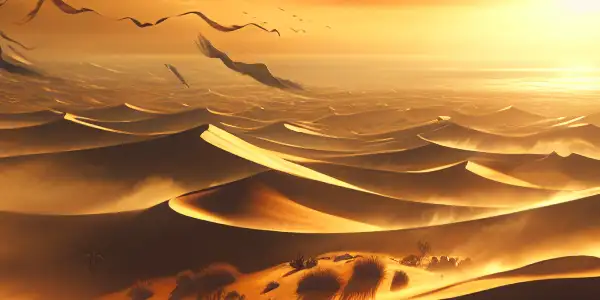 A lone adventurer stands on a sunlit desert dune, gazing into the distance amidst shadows and flowing fabric.